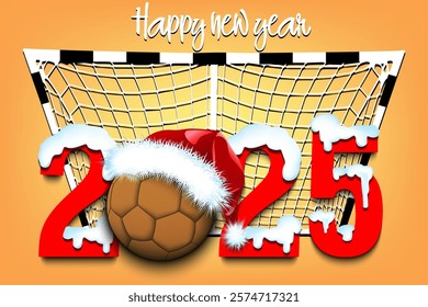 Happy new year. Snowy numbers 2025 with handball ball in a Christmas hat. Original template design for greeting card, banner, poster. Vector illustration on isolated background