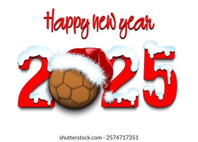 Happy new year. Snowy numbers 2025 with handball ball in a Christmas hat. Original template design for greeting card, banner, poster. Vector illustration on isolated background