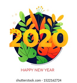 Happy new year social media banner template. Christmas postcard, festive greeting card concept. Winter season holiday congratulation. 2020 number and foliage flat vector illustration with typography