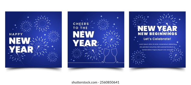 Happy new year social media post template design. Square banner with festive fireworks illustration. Usable for social media post, greeting card, invitation, cover, banner