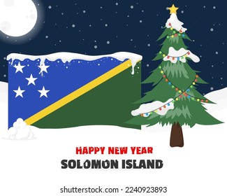 Happy new year in Solomon Island with Christmas tree and snow, banner or content design idea, Solomon Island flag with pine tree, new year celebration idea, sky with full moon and stars, vector design