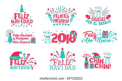 Happy new year spanish set. Christmas collection of different greeting labels in Spanish for designers and illustrators. Greetings in the form of vector illustrations