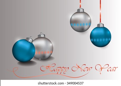 Happy New Year Sparkling baubles with snowflake ornament in silver and blue colors. Vector