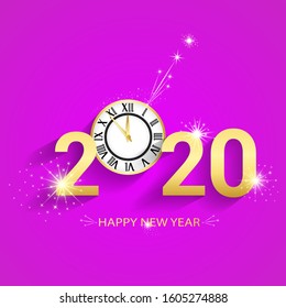 happy new year with a sparkling gold clock and fireworks