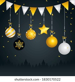 Happy new year spheres hanging design, Welcome celebrate and greeting theme Vector illustration
