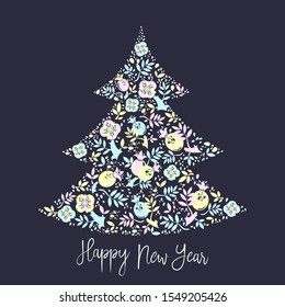 
Happy New Year spruce, card with a drawing of a Christmas tree. Spruce from flowers and leaves and berries.