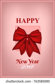 Happy new year , square banner in form of gift with red bow, on pink box. Brochure, greeting card or banner template. Vector illustration for your design .