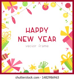 Happy new year square frame with bright gift boxes, candles, stars. Christmas toys and garlands on white background. Holiday wishes lettering.  Christmas flat vector social media banner template.