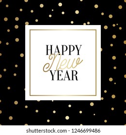 Happy New Year square greeting card template with sparkling gold confetti and text in black and gold on white background. Elegant festive vector flyer, brochure, poster, social media post design.