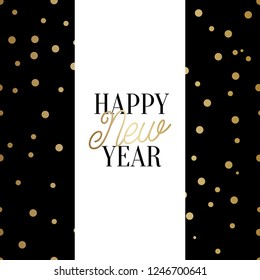 Happy New Year square greeting card template with sparkling gold confetti and text in black and gold on white background. Elegant festive vector flyer, brochure, poster, social media post design.