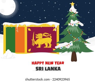Happy new year in Sri Lanka with Christmas tree and snow, banner or content design idea, Sri Lanka flag with pine tree, new year celebration idea, sky with full moon and stars, vector design