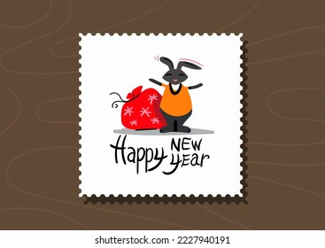 Happy New Year, stamp, postcard, banner with Black Rabbit with a bag of gifts, Chinese New Year symbol, on wooden plate
