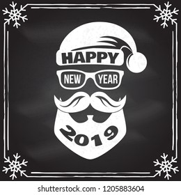 Happy New Year stamp, sticker set with Santa Claus. Vector illustration. Vintage typographic design for xmas, new year emblem in retro style. Happy 2019 New Year overlay.