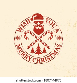 Happy New Year stamp, sticker set with Santa Claus and christmas candy. Vector illustration. Vintage typographic design for xmas, new year emblem in retro style. Happy New Year overlay.