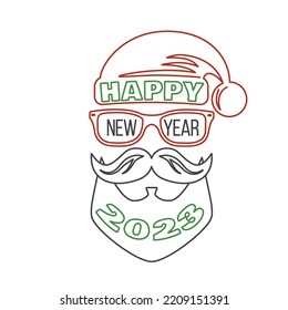Happy New Year stamp, sticker set with Santa Claus. Vector illustration. Line art design for xmas, new year emblem in retro style. Happy 2023 New Year overlay.