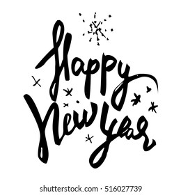 Happy New Year with stars handwritten phrase black ink on white background