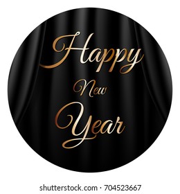 Happy new year sticker or banner. Realistic black curtain. Vector illustration.