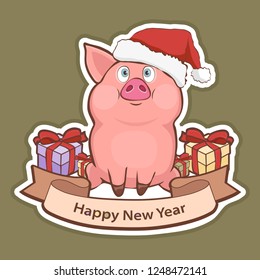 Happy New Year sticker, card with a cute funny pig in Santa hat, gift boxes and greeting tape with a white stroke isolated on green background, vector illustration, cartoon colorful hand drawing