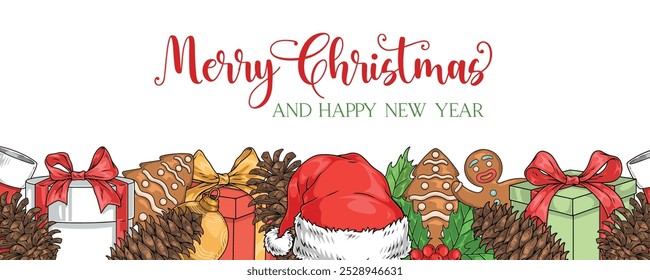 Happy New Year sticker colorful with merry Christmas inscription and gifts or sweets for december holidays vector illustration