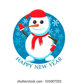 Happy New Year sticker with the image of a Christmas snowman and snowflakes.