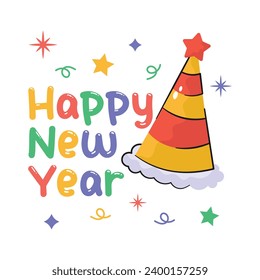 Happy new year sticker with party hat, beautifully designed sticker of new year