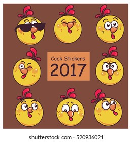 Happy New Year. Stickers collection of characters and icons for Christmas and New Year  and Easter in cartoon style.Cocks with different emotions. Illustration on brown background