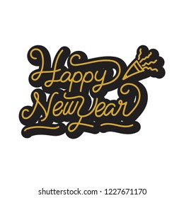 Happy New Year stickers. 
A sticker with a design that says happy new year. New year stickers with trumpet ornament. design new year stickers with monoline style