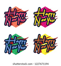 Happy New Year stickers. A sticker with a design that says happy new year. New year stickers with trumpet ornament. Design new year stickers with colorful simple lettering art ornament