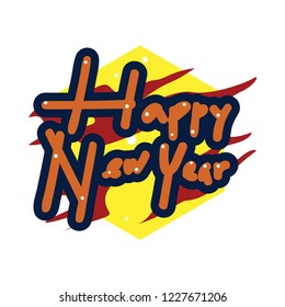 Happy New Year stickers. A sticker with a design that says happy new year. New year stickers with trumpet ornament. Design new year stickers with colorful simple lettering art ornament