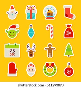 Happy New Year Stickers. Vector Illustration. Winter Holiday Symbols.