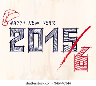 Happy New Year Strike Through White And Red Text Design With Santa Hat, In Hand Drawn Style On Vintage Paper Background