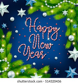 Happy new year striped candy texture text greetings on festive green background with balls, stars, beads, confetti, branches. Vector illustration. Xmas greeting card. Happy New Year candy text.