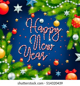 Happy new year striped candy texture text greetings on festive green background with balls, stars, beads, confetti, branches. Vector illustration. Xmas greeting card. Happy New Year candy text.