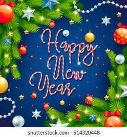 Happy new year striped candy texture text greetings on festive green background with balls, stars, beads, confetti, branches. Vector illustration. Xmas greeting card. Happy New Year candy text.