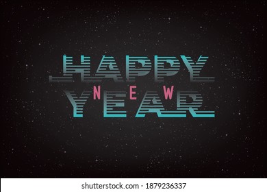 Feliz Año Nuevo Letras con logotipo estampado manual estilo espacio futuro - Turquesa y amarillo en el fondo de la ilusión del cielo nocturno oscuro - Diseño gráfico mixto vector
