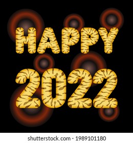 Happy New Year Striped tiger text. Symbol of 2022. Chinese new year. Vector illustration isolated on black background
