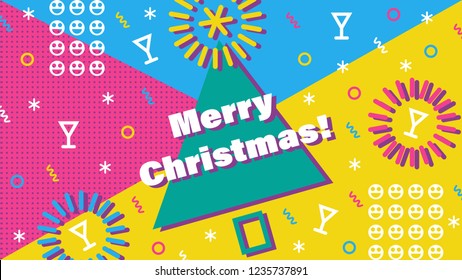Happy new year stylish greeting card. Memphis style colorful abstract celebration banner for christmas and 2019 year. Yellow, pink, blue colors. Christmas tree with text above