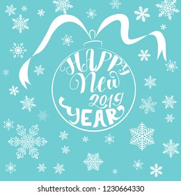 happy new year stylish inscription on a blue background with white snowflakes