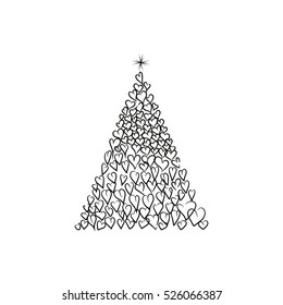 Happy new year stylized decorative fir tree with hearts on white background. Winter holiday greeting card.Vector Illustration