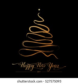 Happy new year stylized decorative fir tree on black background. Winter holiday greeting card. Vector Illustration