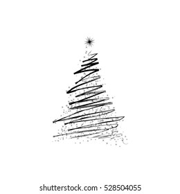 Happy new year stylized decorative handdrawn doodle black fir tree on white background. Winter holiday greeting card. Vector Illustration