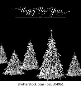 Happy new year stylized decorative handdrawn doodle fir tree on black background. Winter holiday greeting card. Vector Illustration