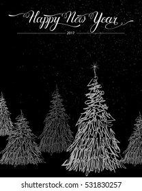 Happy new year stylized decorative handdrawn doodle fir tree on black background. Winter holiday greeting card. Vector Illustration