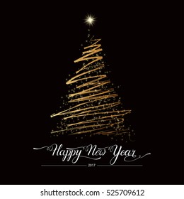 Happy new year stylized lined golden decorative fir tree on black background. Winter holiday greeting card. Vector Illustration