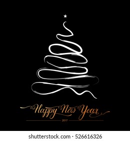 Happy new year stylized lined decorative fir tree on black background.Winter holiday greeting card. Vector Illustration