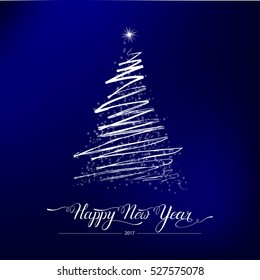 Happy new year stylized shining decorative fir tree on red background. Winter holiday greeting card. Vector Illustration