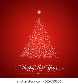 Happy new year stylized shining decorative fir tree on red background. Winter holiday greeting card. Vector Illustration