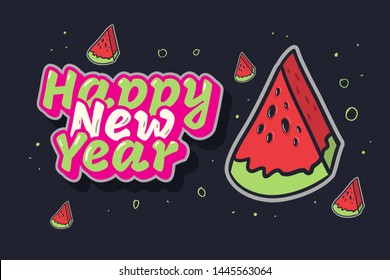 Happy New Year Summer Concept With A Watermelon Fruit illustration Vector Graphic.