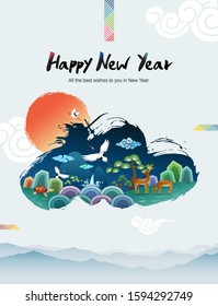 Happy new year, sunrise and clouds, Korean traditional landscape, calligraphy brush painting, concept design.