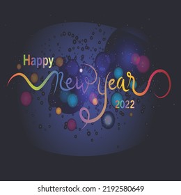 happy new year with swashes and colorful bokeh lights